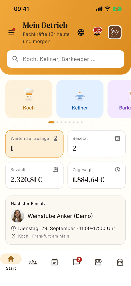 Sunworker-App, Startseite des Betriebs mit den Einsätzen nach Stand