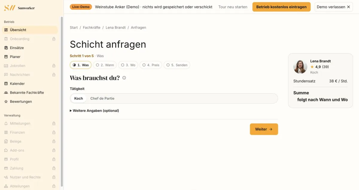 Anfrage an eine Fachkraft, Schritt 1 von 5, mit Preiskarte