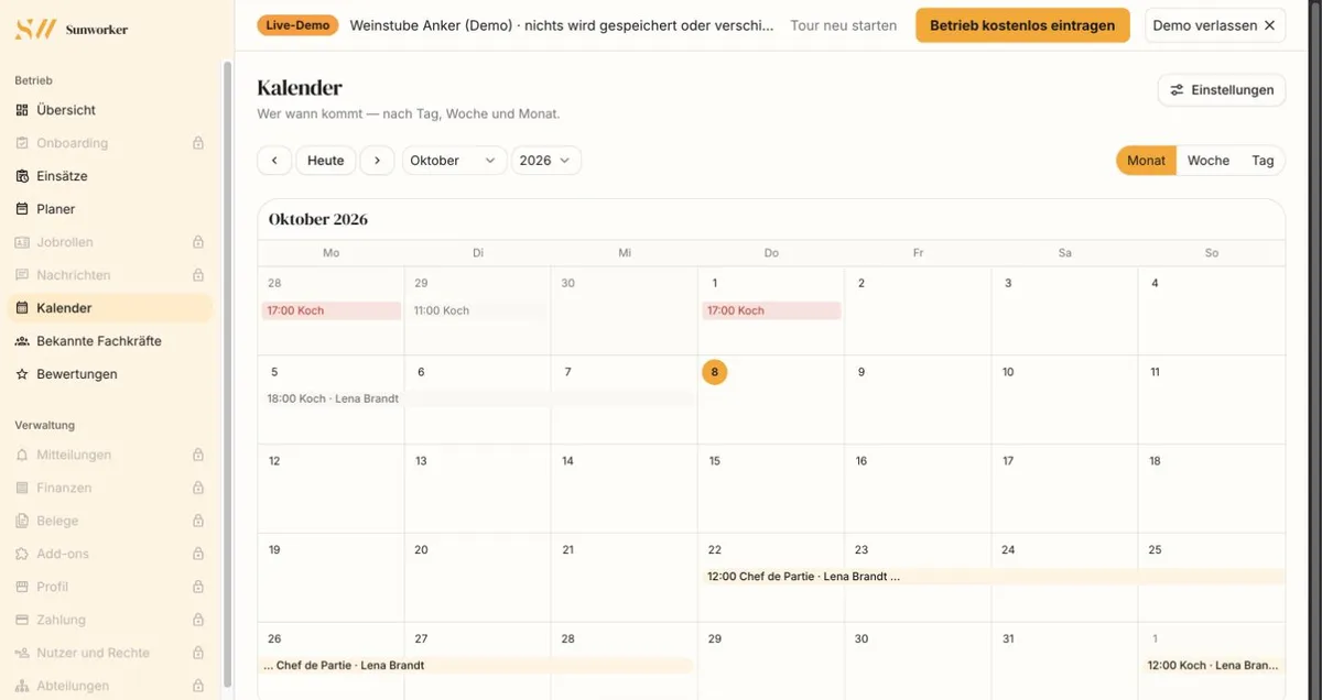 Monatskalender des Betriebs mit Einsätzen