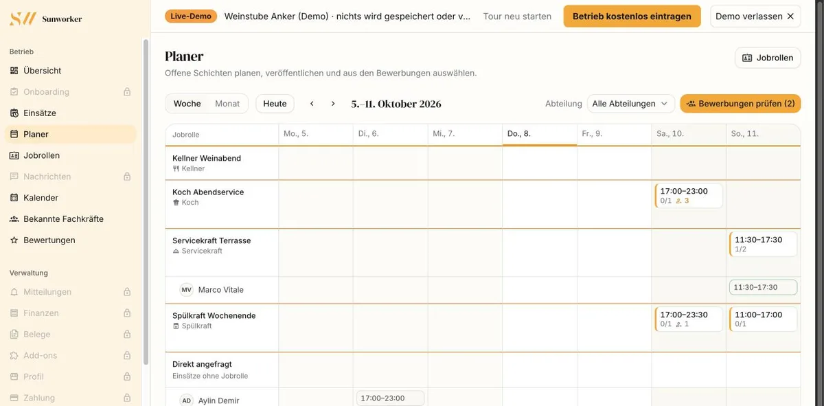 Planer des Betriebs: Wochenraster mit Jobrollen, offenen Schichten und Bewerbungen